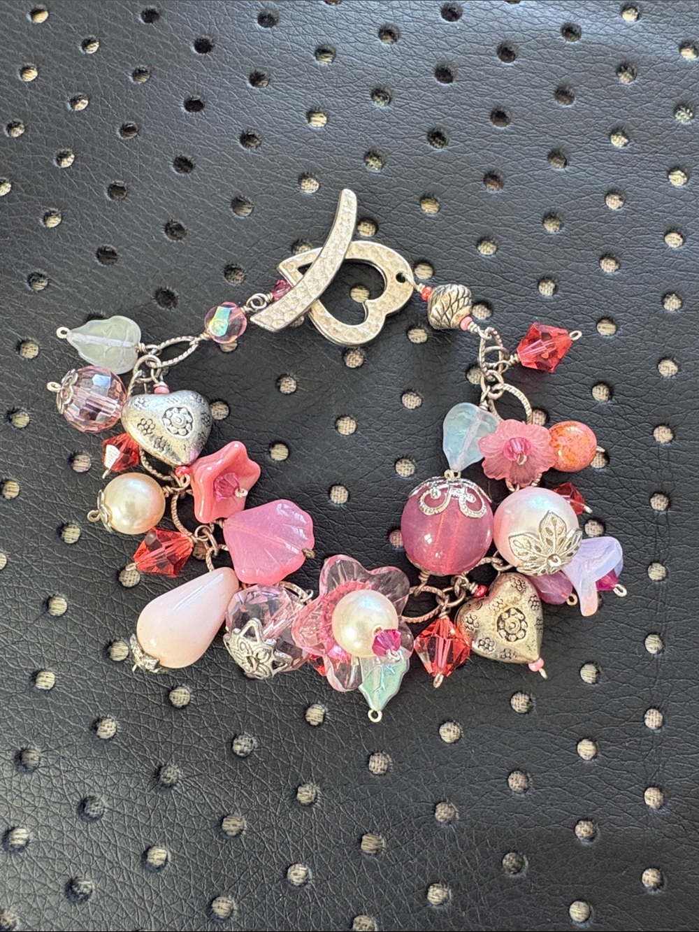 Pink Mixed-Bead Charm Bracelet with Floral Accents